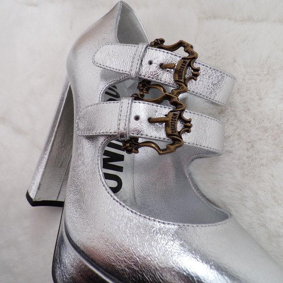 Moschino Metallic Crackle Leather Ornate Buckle Block Heel Platform Pump Lux NIB - Picture 4 of 16